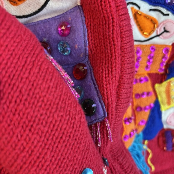 Vintage Christmas Sweater S Full-Zip Cardigan 3D Embroidered Snowman Mock-Neck - Picture 2 of 11